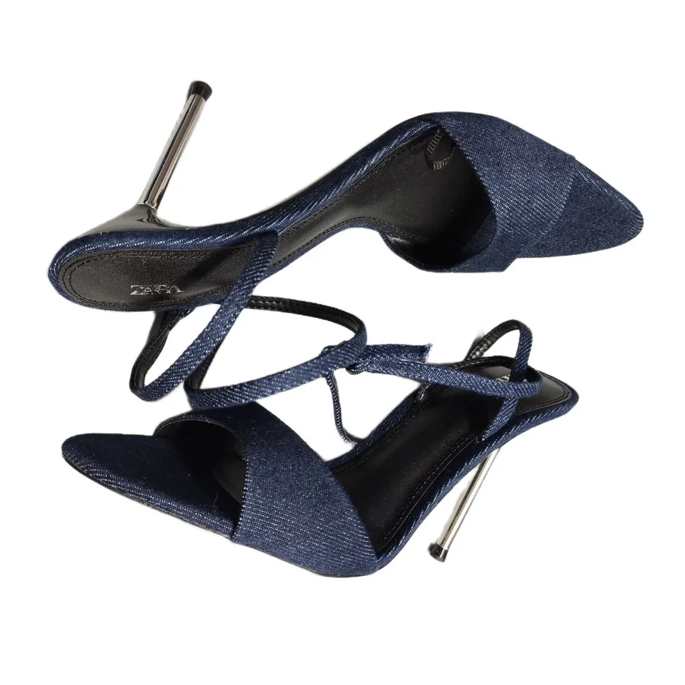 Zara Heeled Slingback Sandals Womens US 7 Blue Denim Adjustable Buckle Strap EUC